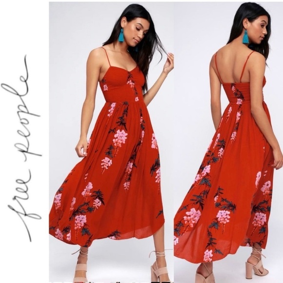 Free People Dresses & Skirts - Free People Beau Red Floral Print Smocked Maxi Dress Size Small